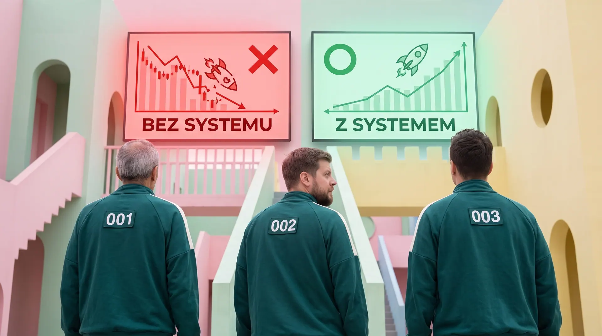 Trzech graczy w zielonych dresach z numerami 001, 002 i 003